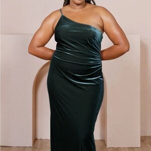 Revelry One-Shoulder Velvet Dress in Dark Green
